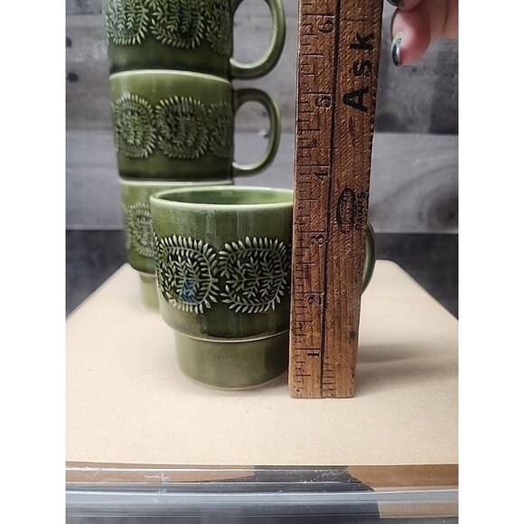 Vintage Set of Four Ceramic MCM Stackable Green Mugs Set Made in Japan - Picture 6 of 7